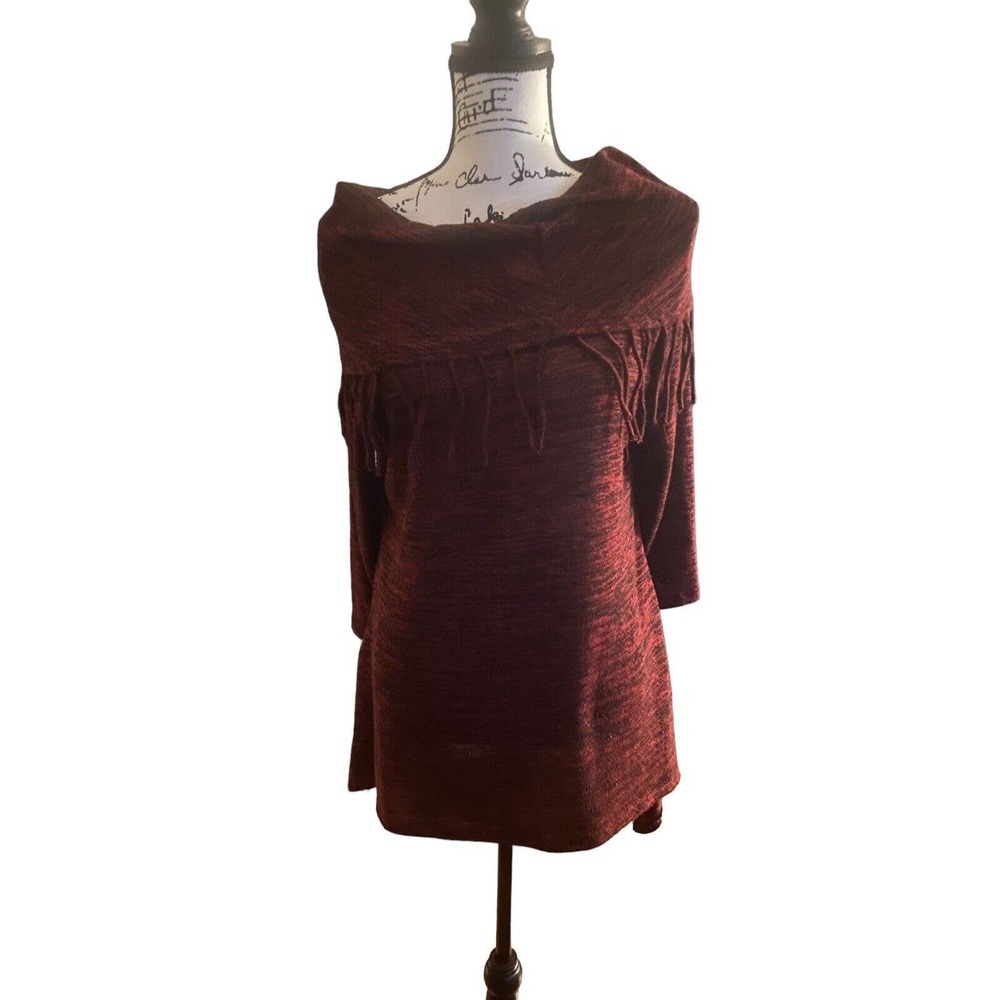 Women’s Hannah Size Large Burgundy Cowl Fringe Turtleneck Lightweight Sweater